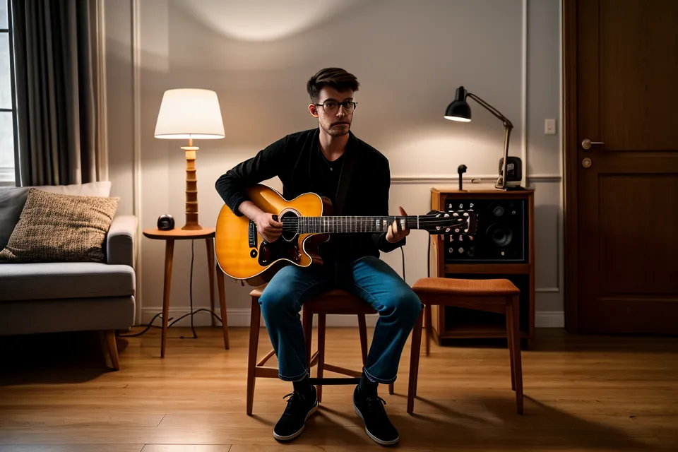 Coin home studio guitare pour débutant avec interface audio et câble jack prêts à brancher