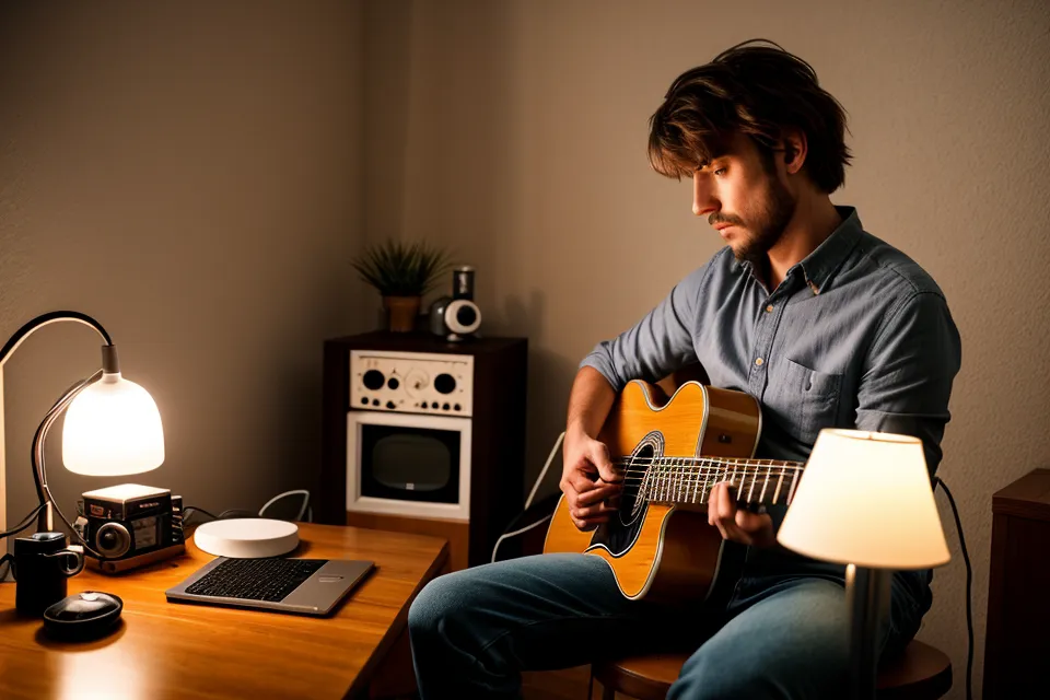 Coin home studio pour guitariste débutant aménagé dans un petit appartement grenoblois