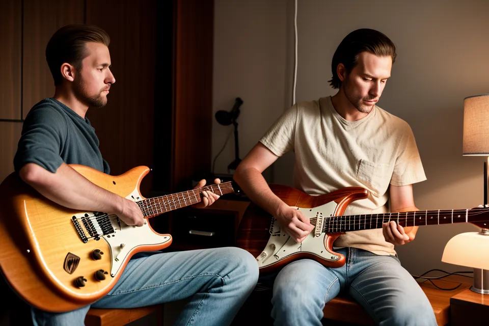Gros plan d'une main de guitariste débutant appuyant sur la cinquième frette du manche pour s'accorder à l'oreille
