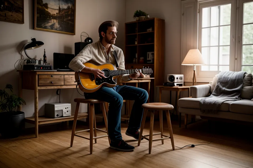 Métronome réglé à 60 BPM, posé près d'un médiateur, utilisé pour progresser sur les changements d'accords à la guitare