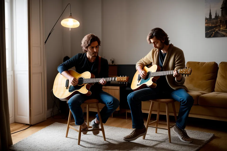 Gros plan d'une main de guitariste débutant autodidacte sur le manche, doigts marqués par les cordes en métal pendant l'apprentissage des gammes