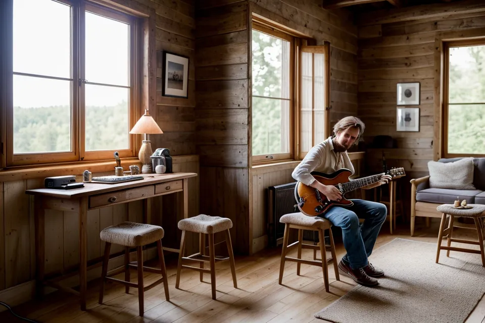Interface audio et logiciel d'enregistrement sur un bureau en bois, home studio débutant pour réécouter une prise de guitare et vérifier ses gammes