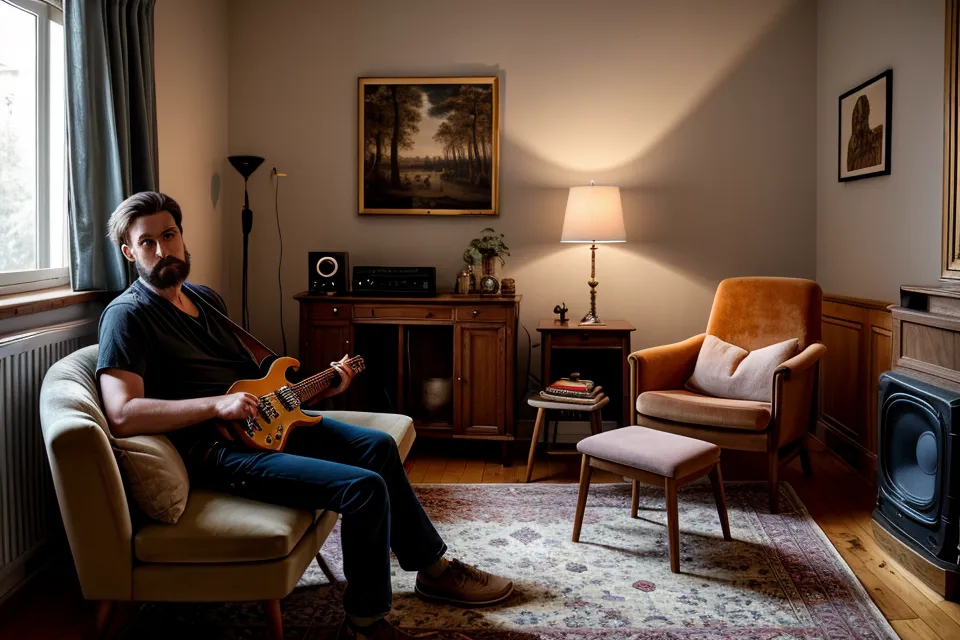 Guitare électrique posée contre son ampli avec un carnet de notes, débutant autodidacte travaillant ses gammes et l'improvisation à la guitare