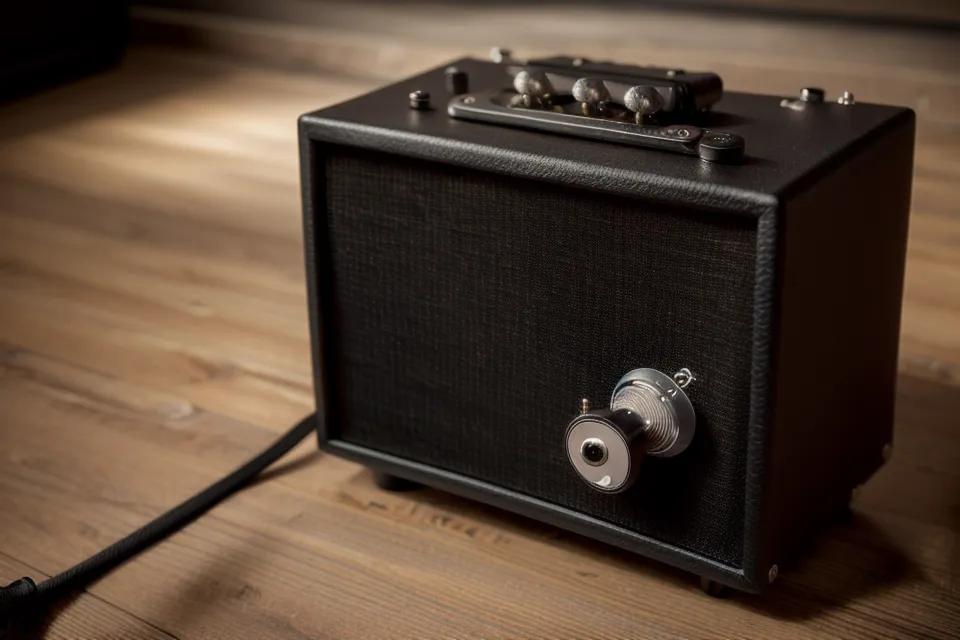 Ampli de guitare allumé en soirée, pour enregistrer un riff de rock appris sans solfège