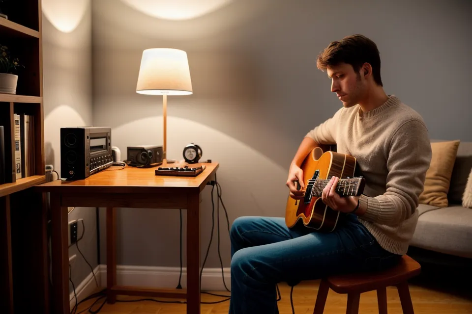 Débutant à la guitare s'enregistrant sur son ordinateur avec un casque, latence audio réglée