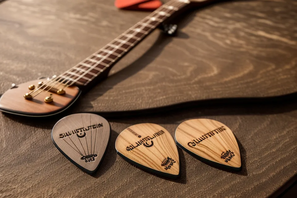 Gros plan sur plusieurs médiators de différentes épaisseurs, l'accessoire clé pour un débutant en guitare électrique