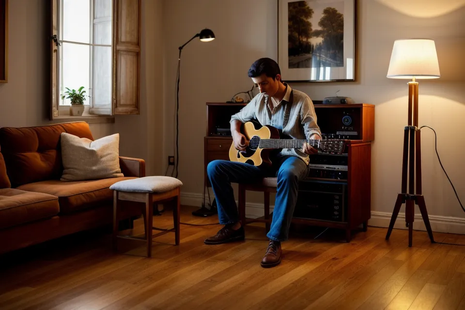 Main tenant un médiator épais au-dessus des cordes d'une guitare électrique, le choix qui change la précision d'un débutant