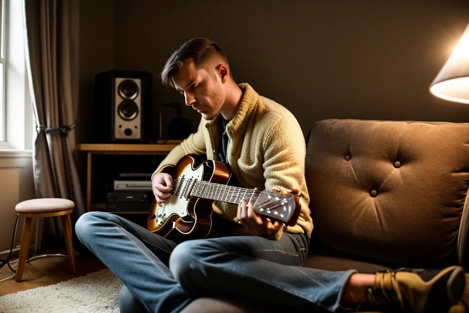 Interface audio pour débutant en guitare posée à côté d'un ampli, prête pour l'enregistrement maison