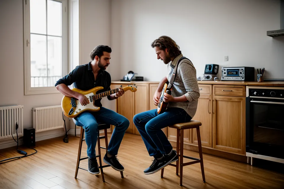 Débutant en guitare s'enregistrant à la maison avec un casque, un ordinateur et son interface audio