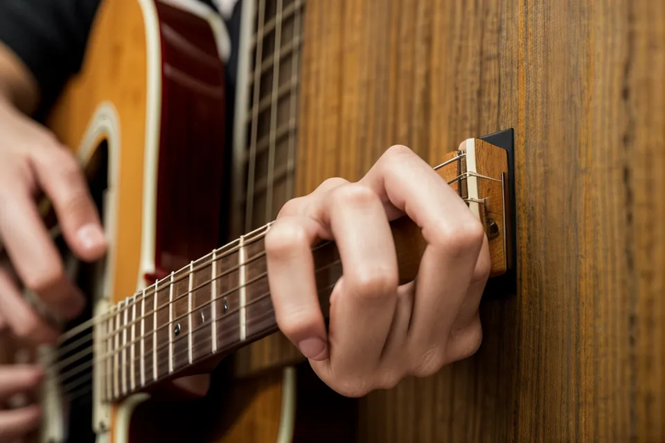 Doigts d'un guitariste débutant formant un power chord, un riff facile pour démarrer l'enregistrement