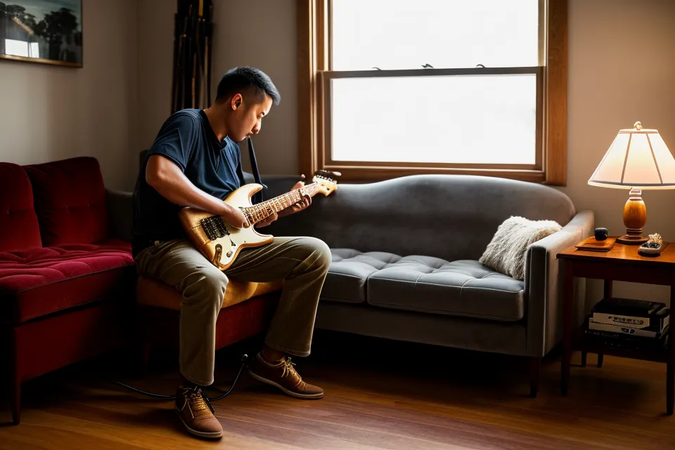 Main de guitariste débutant qui apprend le blues seul en plaquant un accord ouvert sur le manche