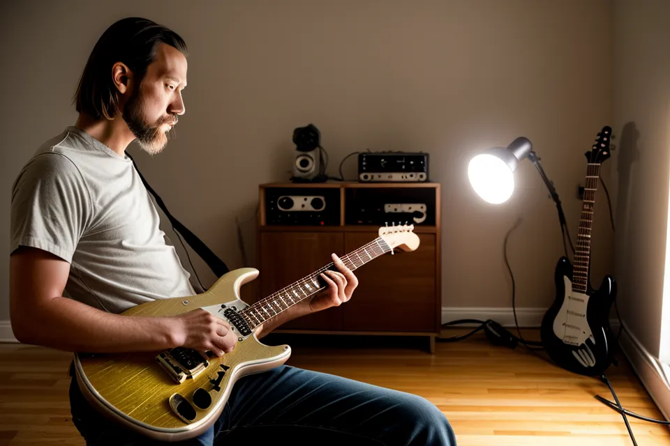 Interface audio home studio débutant posée près de l'ordinateur pour enregistrer sa guitare AC/DC