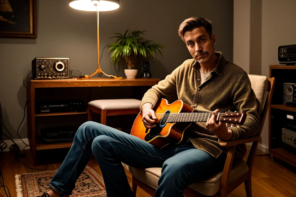 Guitare électrique de débutant posée dans un salon lumineux après une session d'enregistrement maison