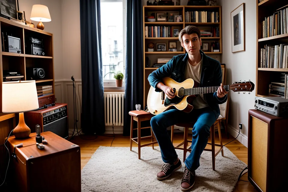 Main réglant l'angle d'un micro à 45 degrés devant un ampli guitare pendant un enregistrement