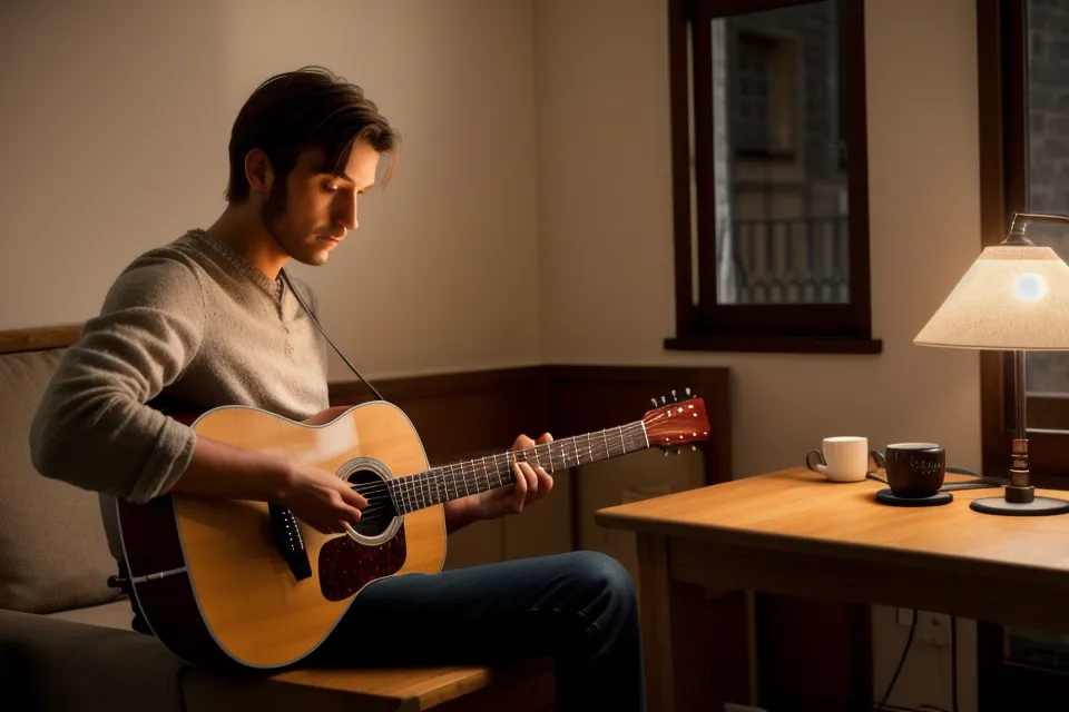 Écran de smartphone avec l'application d'enregistrement ouverte, posé à côté d'un médiator, avant une prise de guitare acoustique