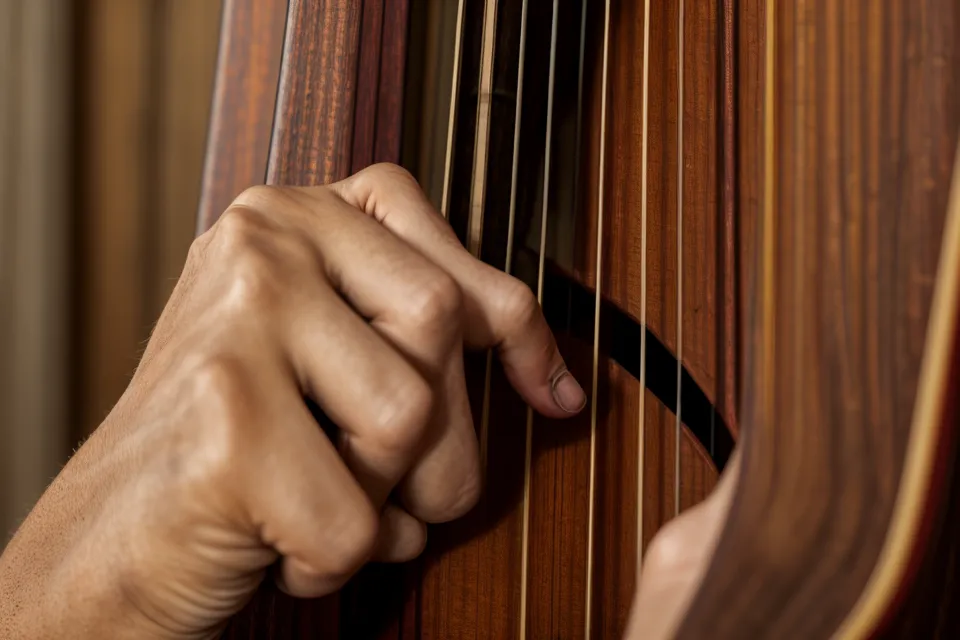 Doigts d’un guitariste débutant crispés sur les cordes, signe d’une mauvaise posture guitare acoustique