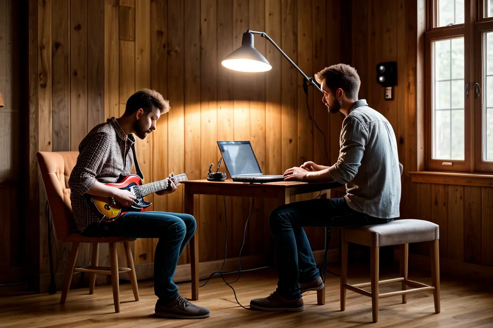 Câble jack 6.35 mm branché dans une interface audio rouge, matériel guitare prêt pour la routine d'enregistrement