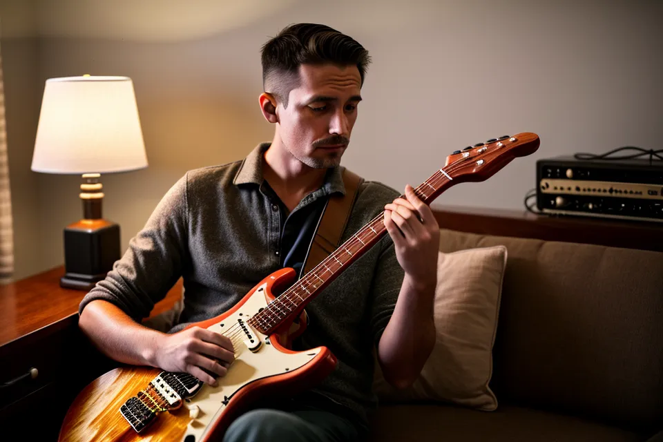 Main qui reprend une guitare électrique sur son support, routine guitare quotidienne dans un coin home-studio débutant