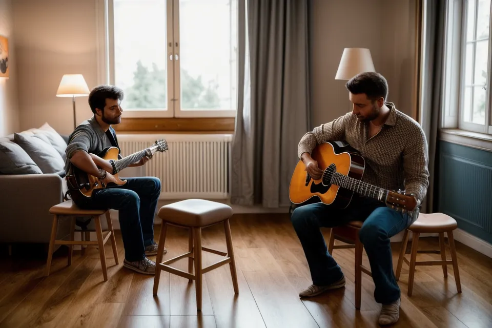 Écran affichant une boucle de batterie Kompa God pendant un exercice de rythme à la guitare en home studio de débutant