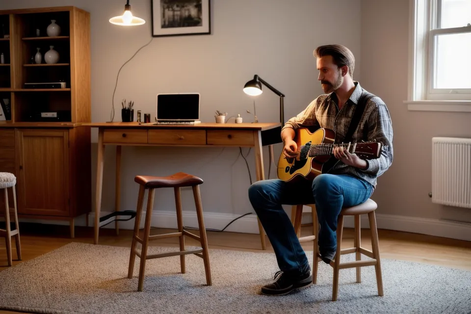 Mains d'un débutant plaquant un accord de guitare pendant un exercice de rythme dans son coin home studio