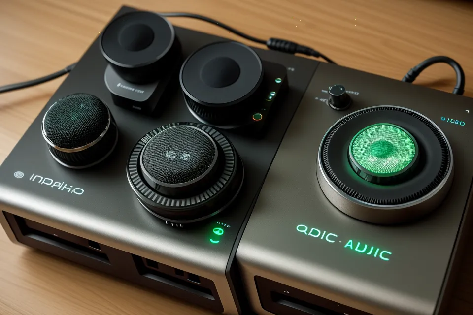 Interface audio prête à enregistrer une prise de guitare, coin studio à Grenoble