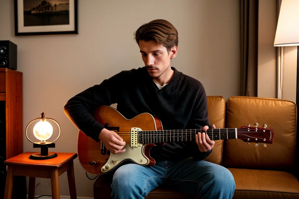 Main d'un débutant qui plaque un accord ouvert sur une guitare électrique pendant une séance de rythme