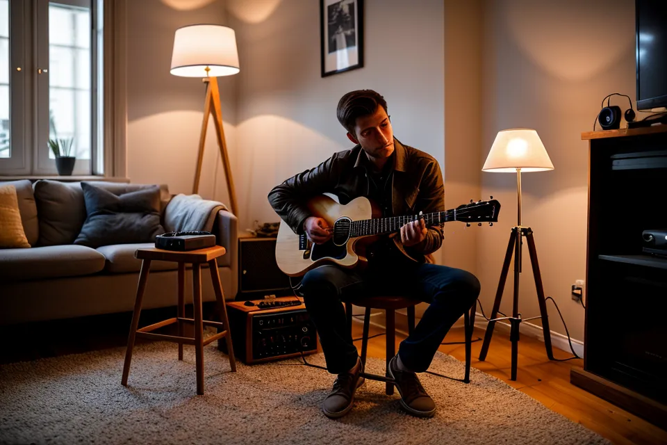 Quel logiciel pour enregistrer sa guitare sur ordinateur quand on débute : guitare acoustique-électrique posée près d'un ordinateur portable dans un coin home-studio