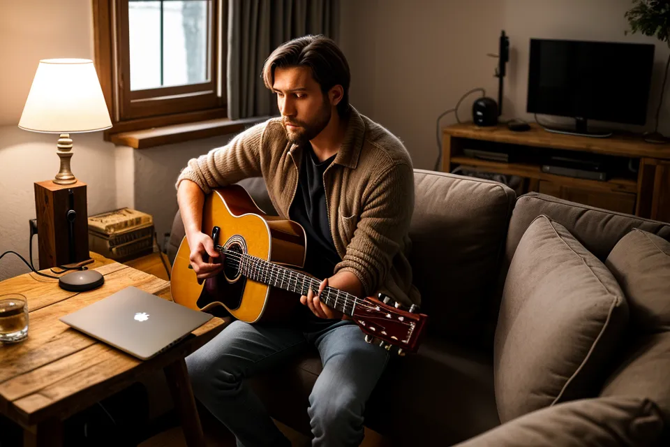 Interface audio USB avec voyant rouge allumé, utilisée pour enregistrer une guitare en home-studio débutant