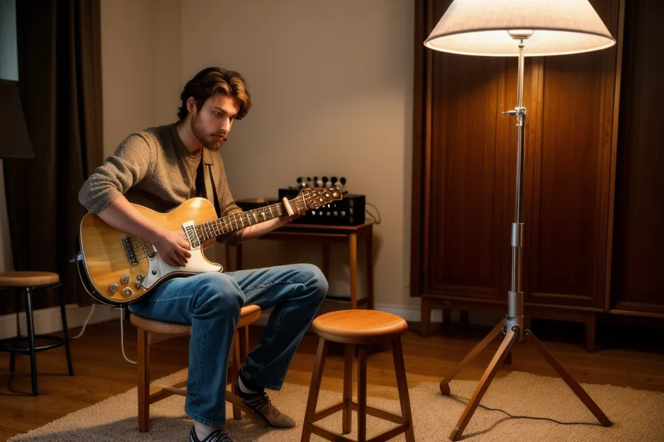 Interface audio branchée à une guitare, élément clé d'une configuration home studio débutant