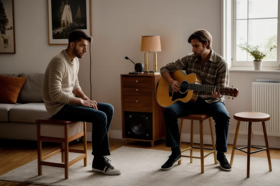 Réglage du gain sur une interface audio pendant une séance d'enregistrement guitare, juste avant de lancer la prise.