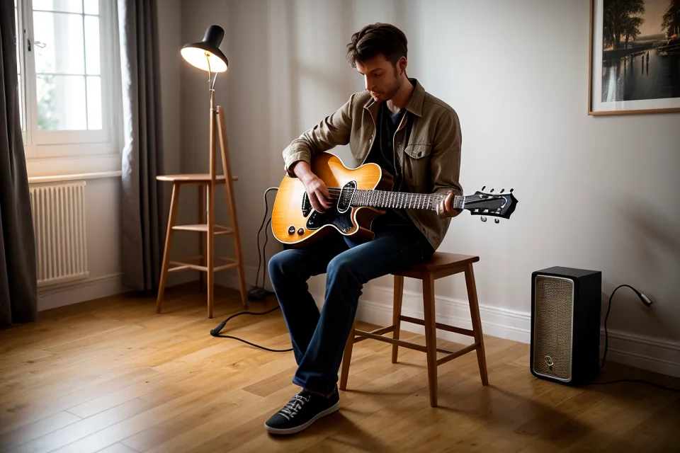 Interface audio USB et casque posés sur le bureau, coin home studio de débutant à la guitare
