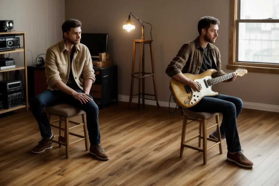 Travailler son sens du rythme à la guitare avec des boucles simples : interface audio et guitare posées sur un bureau