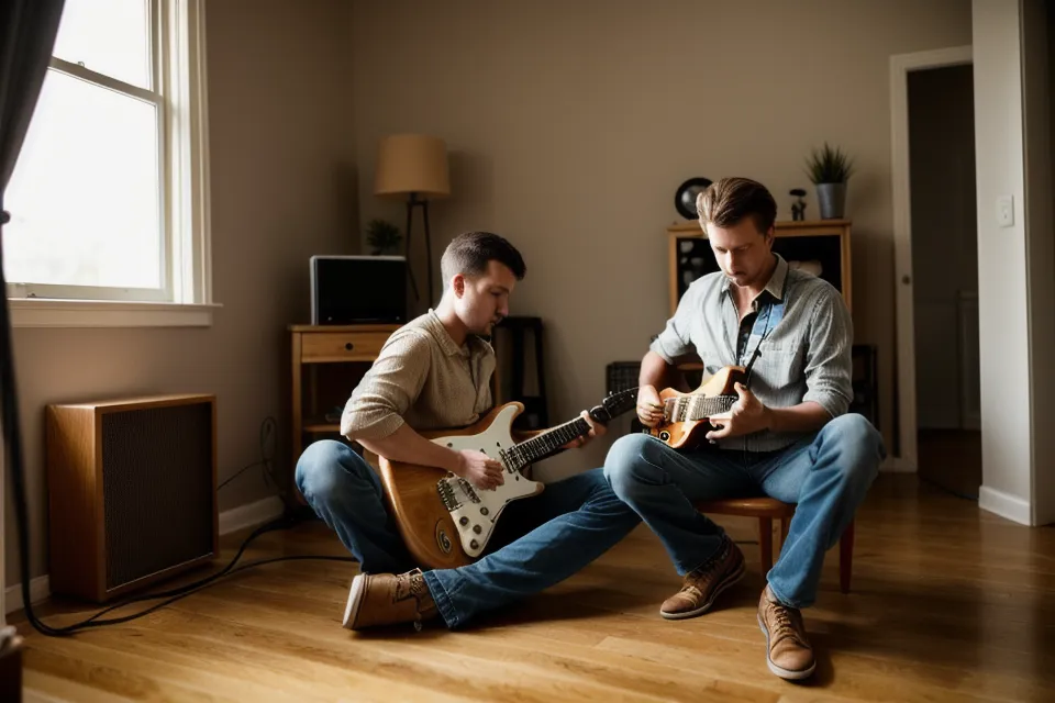 Gros plan sur une main réglant une interface audio avant une session de rythme à la guitare.