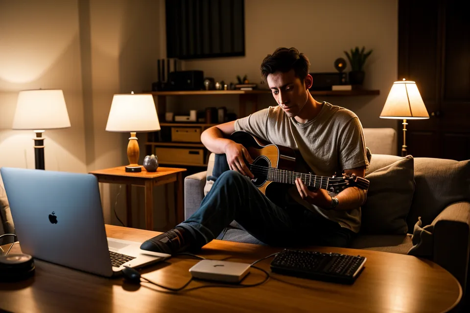Main de guitariste sur le manche devant un logiciel d'enregistrement, en pleine session de boucles rythmiques le soir.