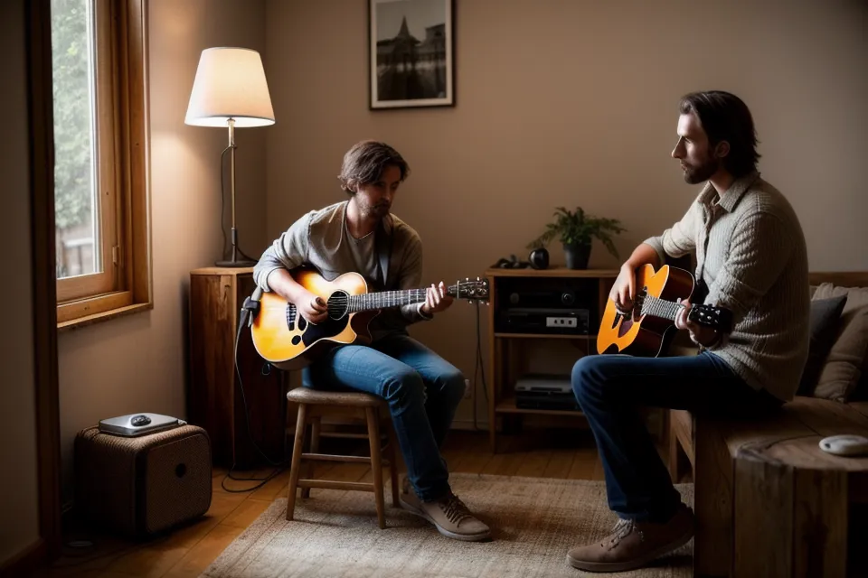 Vieux petit ampli guitare dans un coin de pièce, lumière chaleureuse après une session de boucles de batterie.