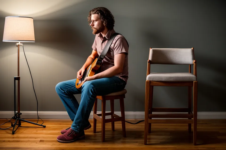 Silhouette d'une guitare électrique posée contre une chaise après une session de guitare pour débutant